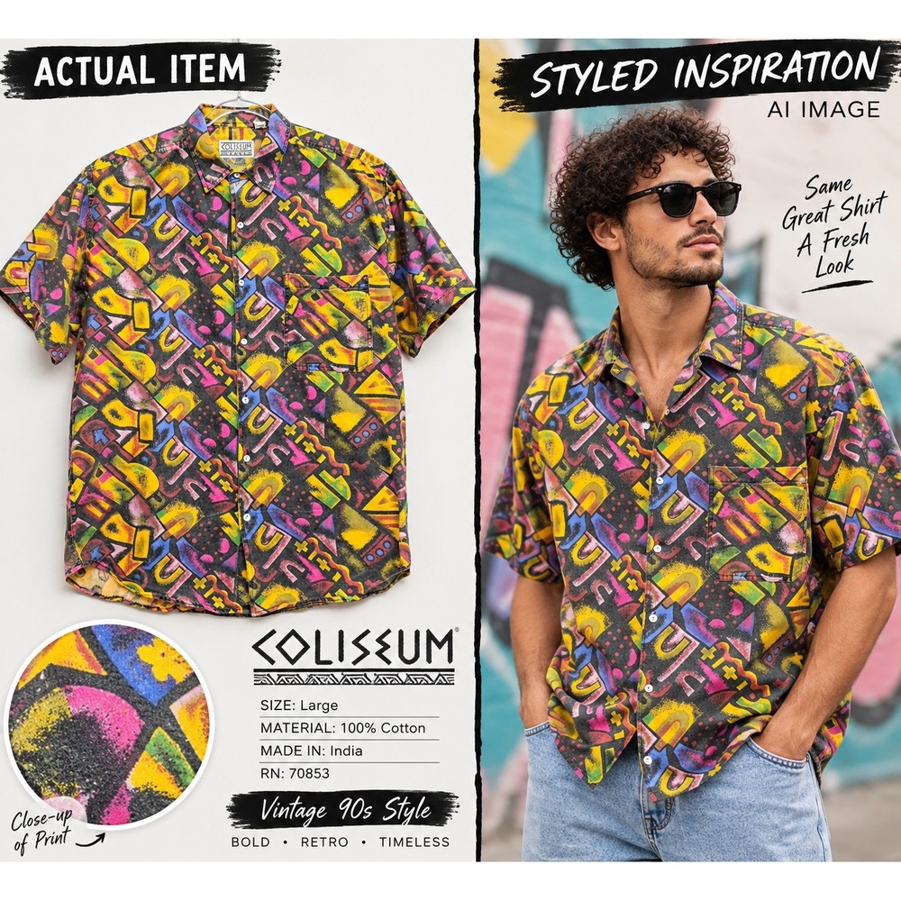 Coliseum Shirt Mens Geometric Abstract Print Multicolor L Excellent 90s Retro